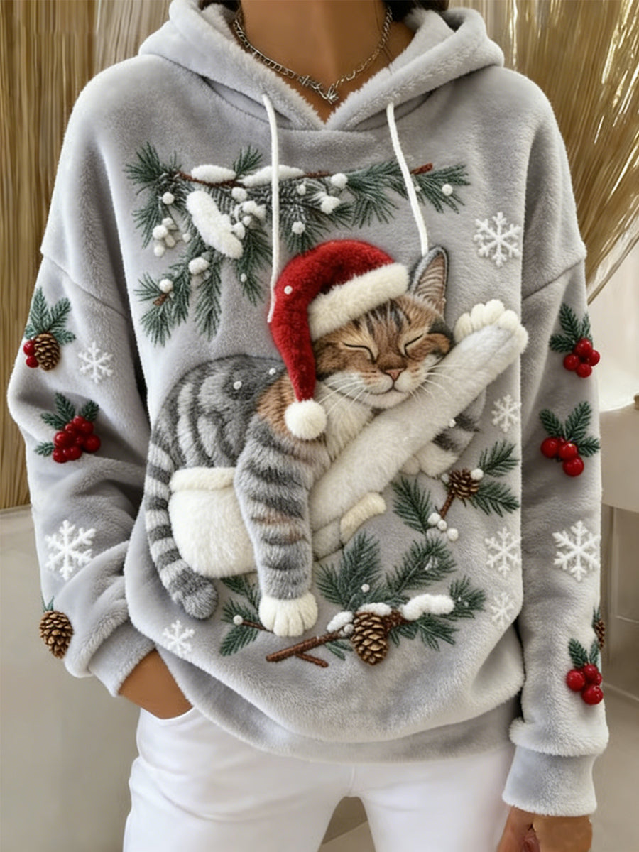 Women's Cute Christmas Cat Art Print Casual Flannel Hoodie Flannel