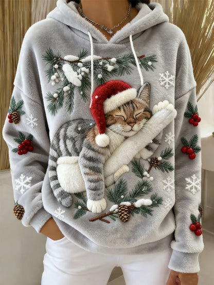 Women's Cute Christmas Cat Art Print Casual Flannel Hoodie Flannel