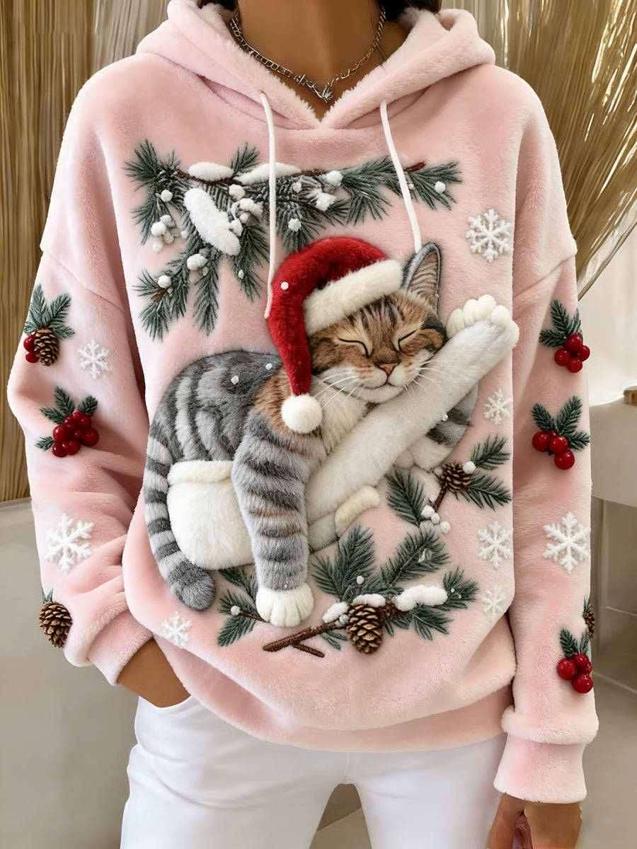Women's Cute Christmas Cat Art Print Casual Flannel Hoodie Flannel