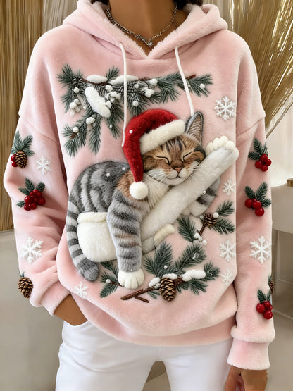 Women's Cute Christmas Cat Art Print Casual Flannel Hoodie Flannel