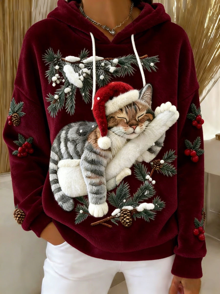 Women's Cute Christmas Cat Art Print Casual Flannel Hoodie Flannel