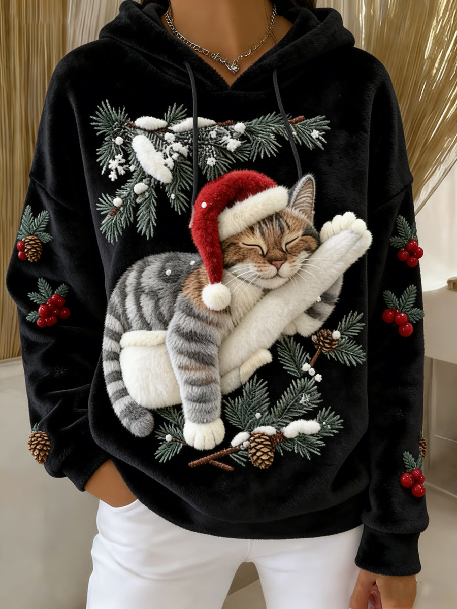 Women's Cute Christmas Cat Art Print Casual Flannel Hoodie Flannel