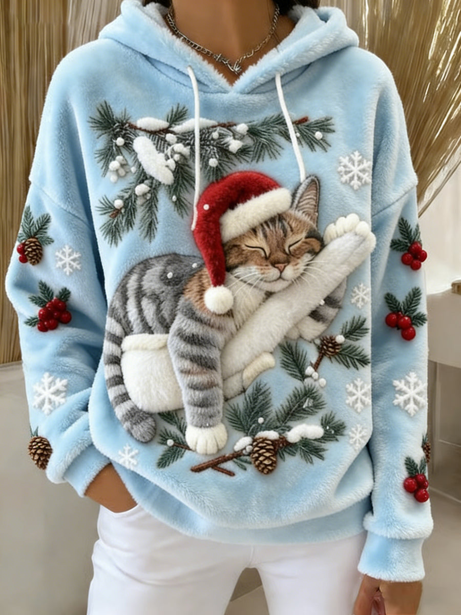 Women's Cute Christmas Cat Art Print Casual Flannel Hoodie Flannel