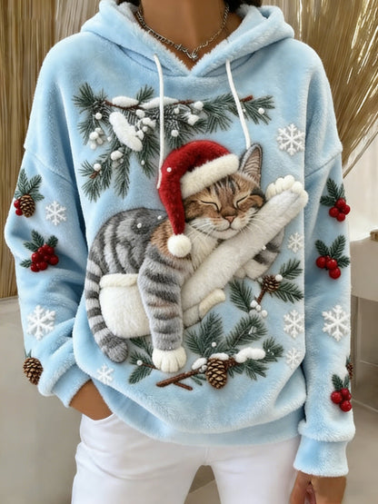 Women's Cute Christmas Cat Art Print Casual Flannel Hoodie Flannel