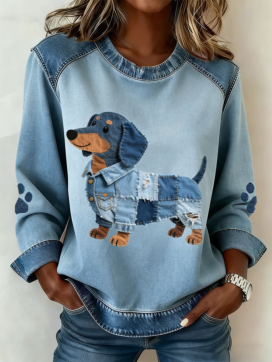 Women Dachshund Pattern Denim Patchwork Art Sweatshirt