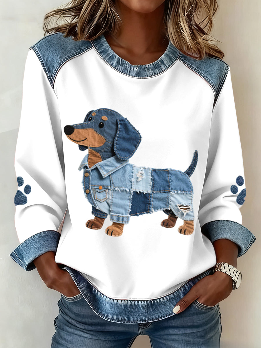 Women Dachshund Pattern Denim Patchwork Art Sweatshirt