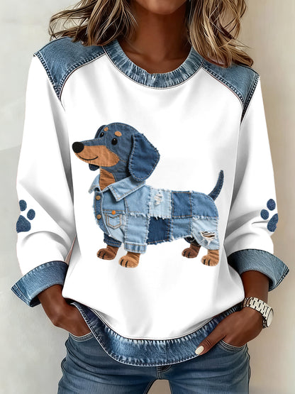 Women Dachshund Pattern Denim Patchwork Art Sweatshirt