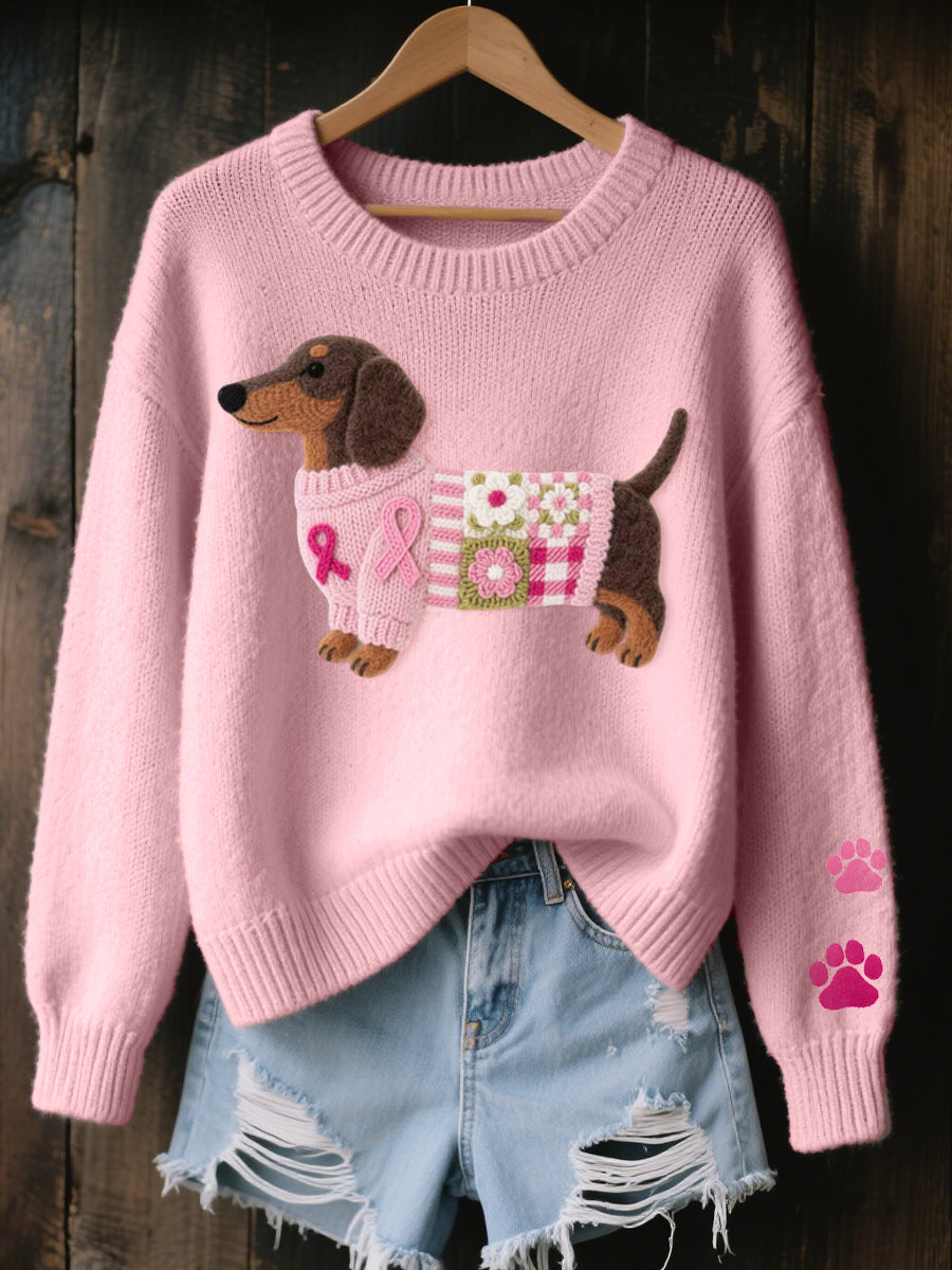 Women's Wool Felt Art Dachshund Pattern Cozy Knitted Sweaters