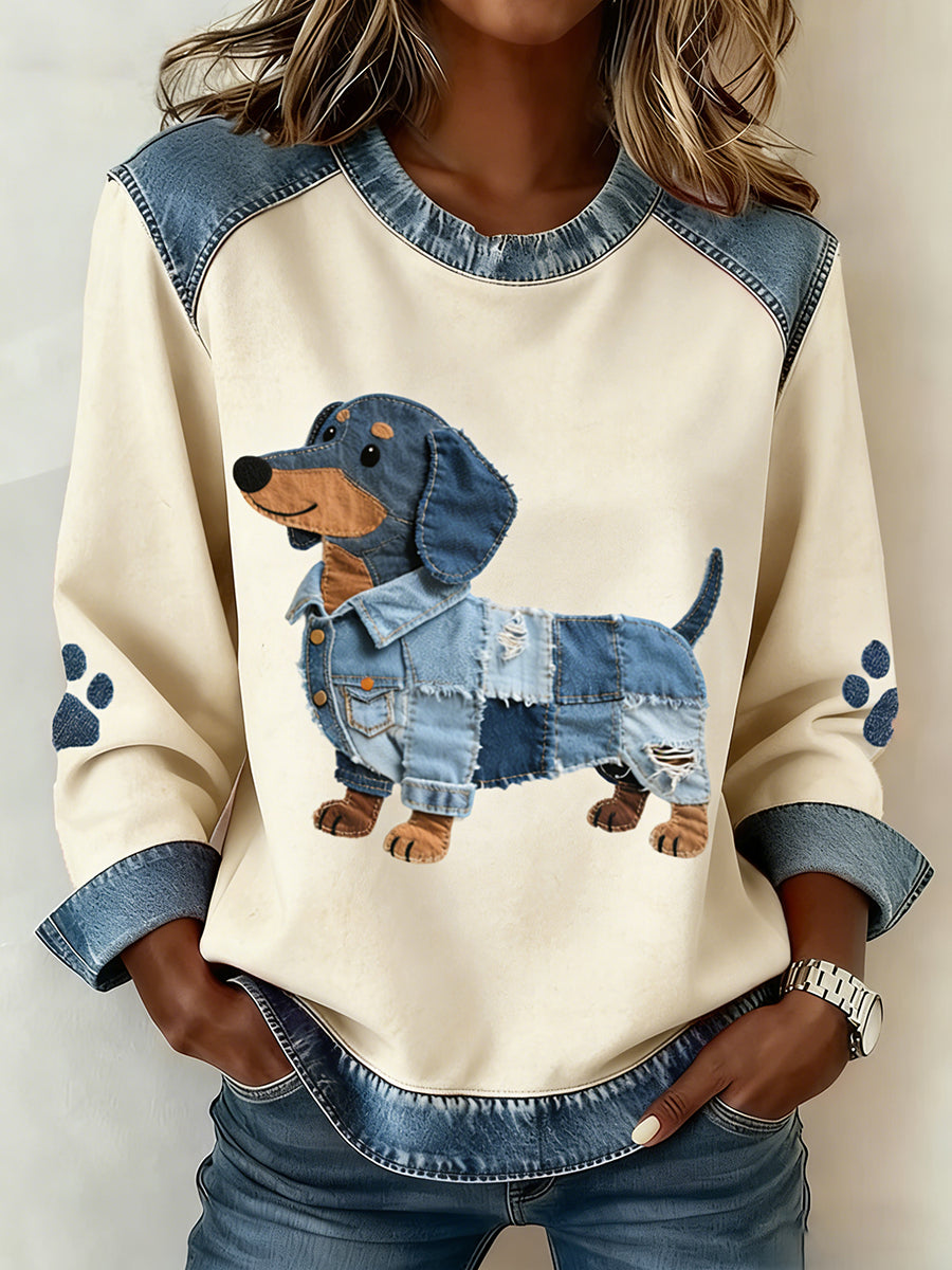 Women Dachshund Pattern Denim Patchwork Art Sweatshirt
