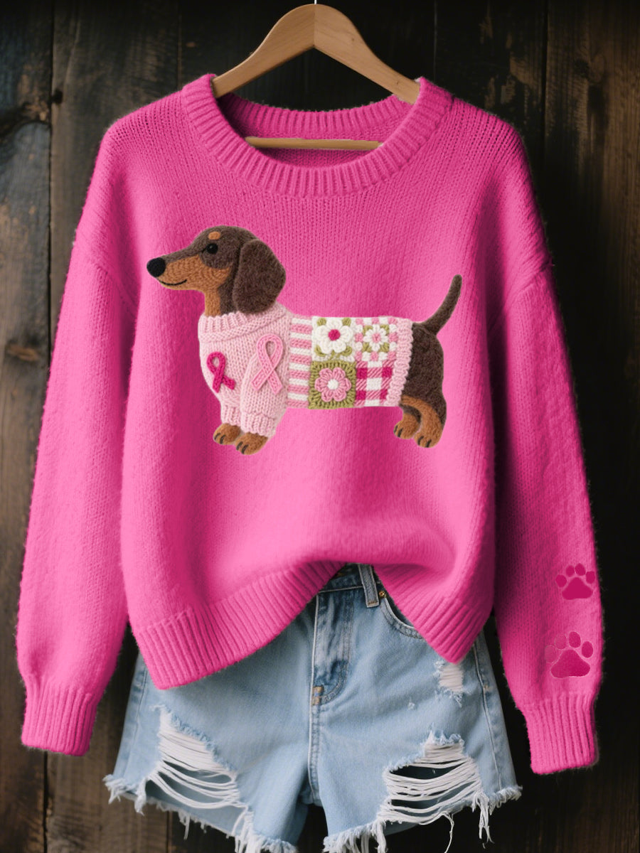 Women's Wool Felt Art Dachshund Pattern Cozy Knitted Sweaters
