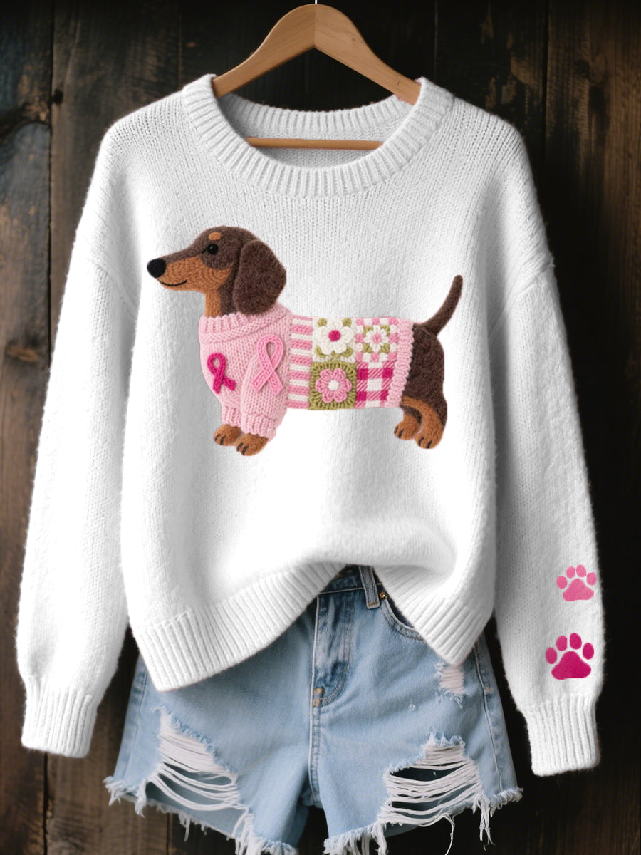 Women's Wool Felt Art Dachshund Pattern Cozy Knitted Sweaters