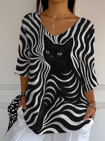 Women's Black Cat Stripe Casual Long Sleeve Top