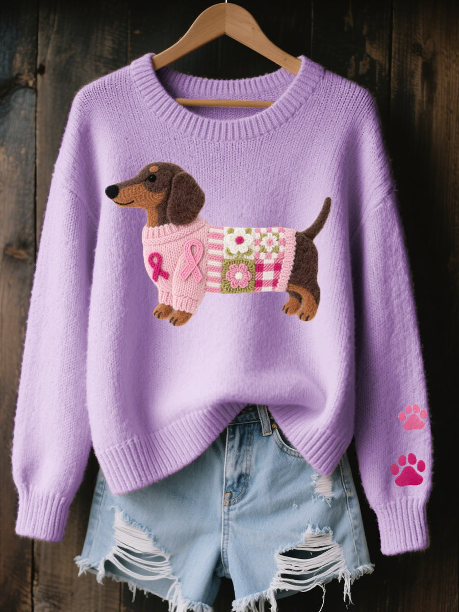 Women's Wool Felt Art Dachshund Pattern Cozy Knitted Sweaters