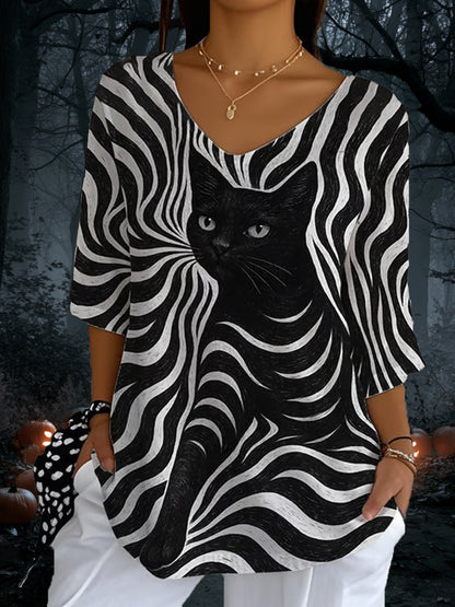 Women's Black Cat Stripe Casual Long Sleeve Top