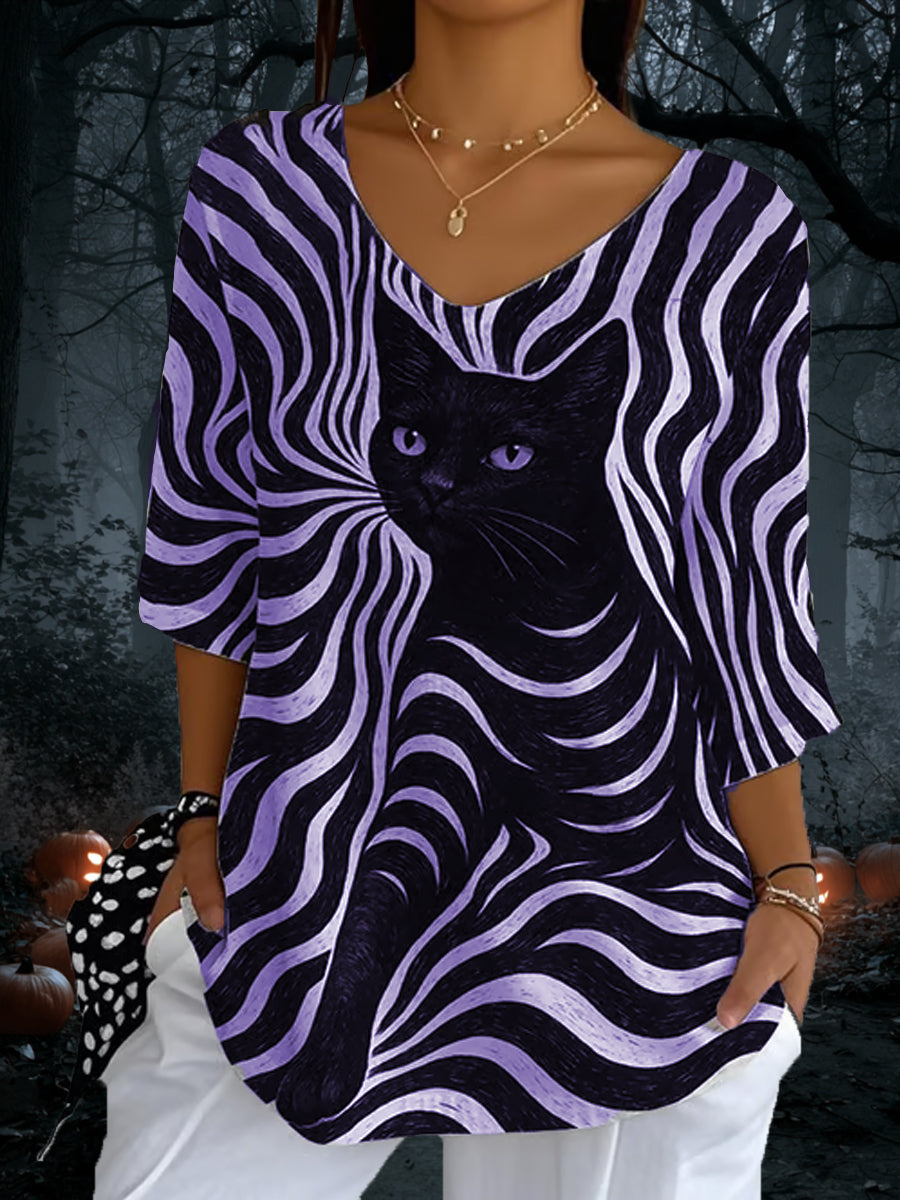 Women's Black Cat Stripe Casual Long Sleeve Top