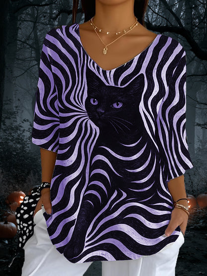 Women's Black Cat Stripe Casual Long Sleeve Top