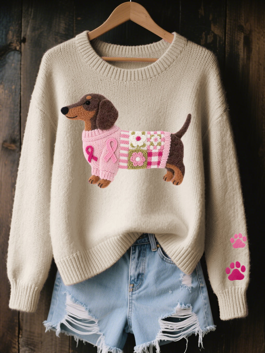 Women's Wool Felt Art Dachshund Pattern Cozy Knitted Sweaters