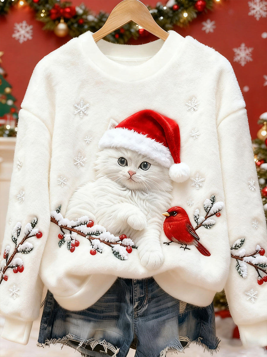 Kvinnors söta jul katt konst Skriv ut Casual Flannel Sweatshirt