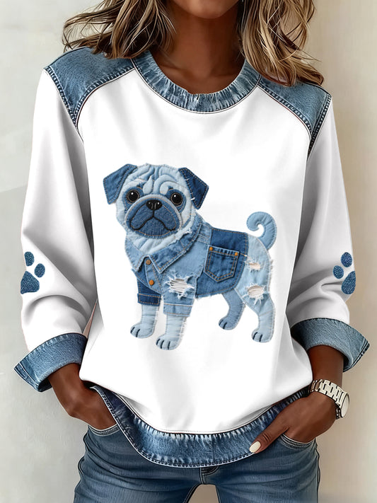 Kvinnors vackra Pug hund mönster Denim Patchwork konst sweathirt