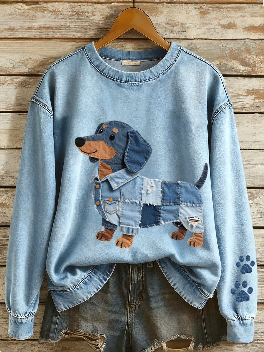 Women's Denim Patchwork Art Dachshund Hung Pattern Sweatshirt