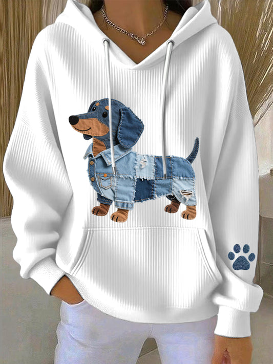 Kvinnors Denim Patchwork Konst Dachhund Mönster Hoodie Konsta