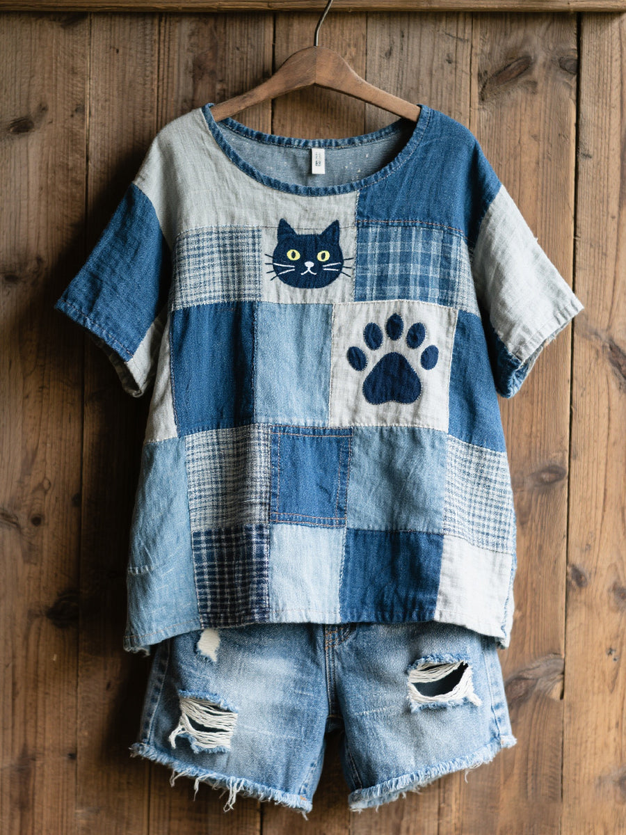 Women's Beautiful Cat Pattern Design Art Linen Blend Shirt
