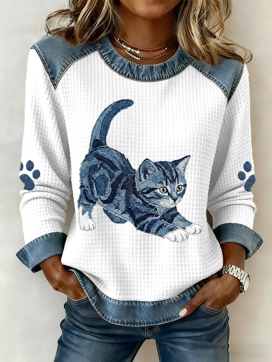 Women's Beautiful Cat Pattern Denim Patchwork Art Sweatshirt