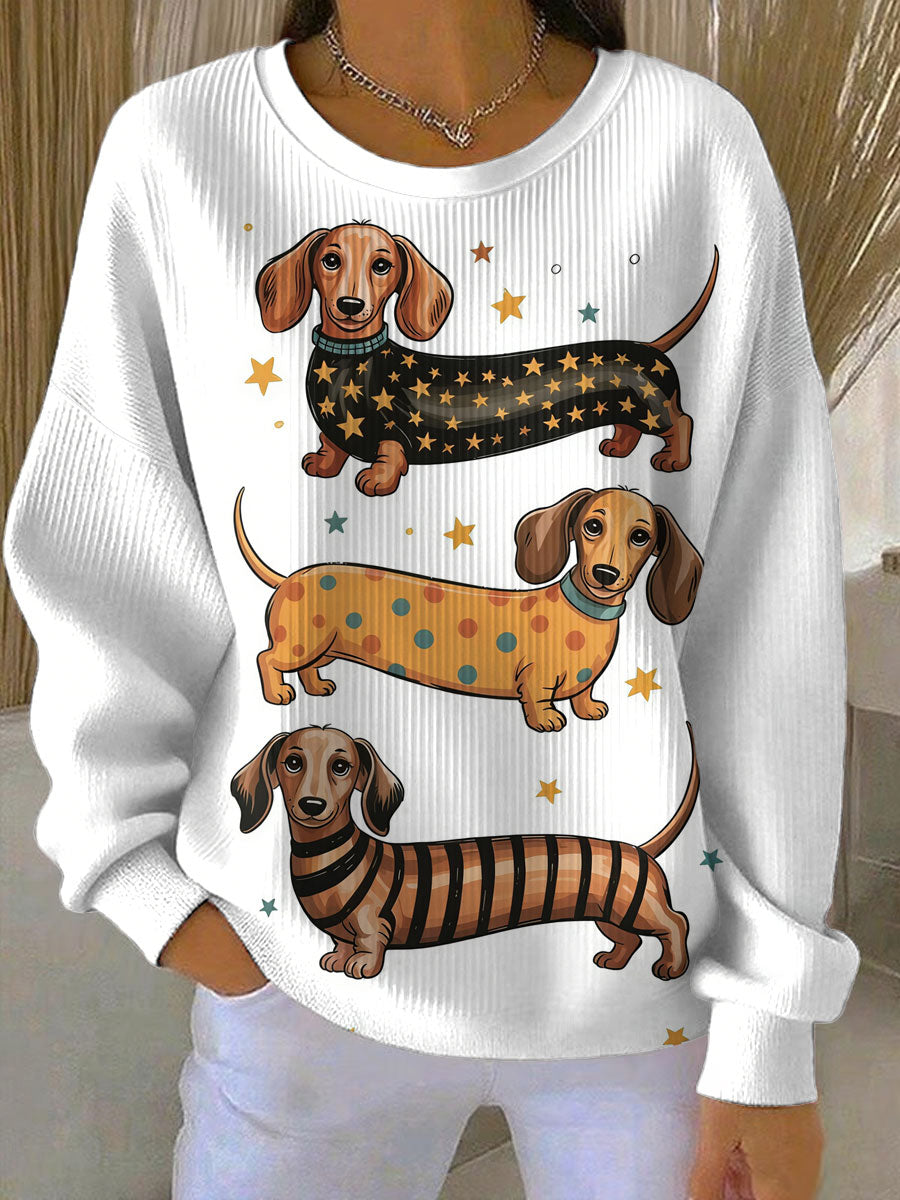Women's Cute Dachshund Choking Dog Printed Ribbed Round Neck Sweatshirt