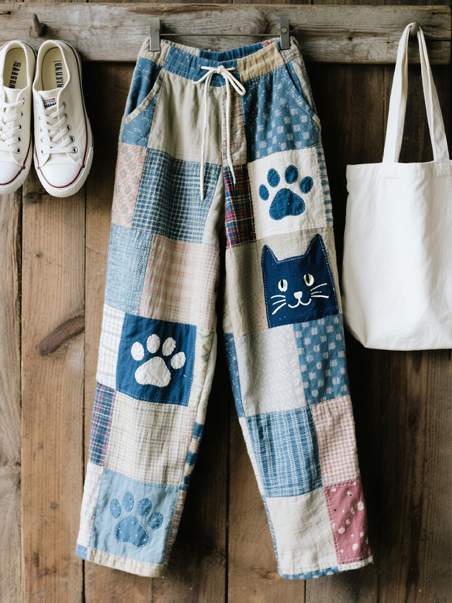 Women's beautiful cat pattern art linen blend trousers