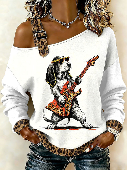 Kvinnors Vintage Leopard punk hund Print Casual Off-Shoulder Sweatshirt