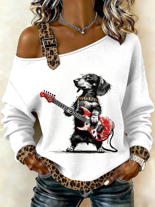 Kvinnors Vintage Leopard punk hund Print Casual Off-Shoulder Sweatshirt