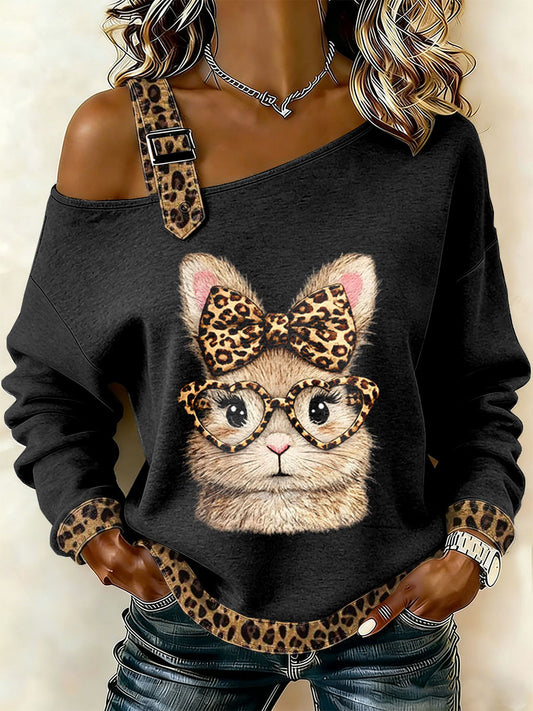 Kvinnors Vintage Leopard Kanin Print Casual Sweatshirt