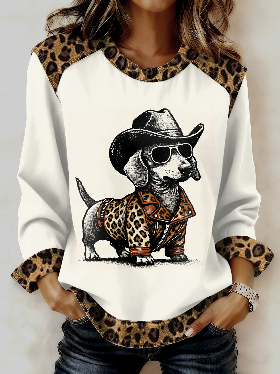 Women's Vintage Leopard Dachshund Print Casual Sweatshirt