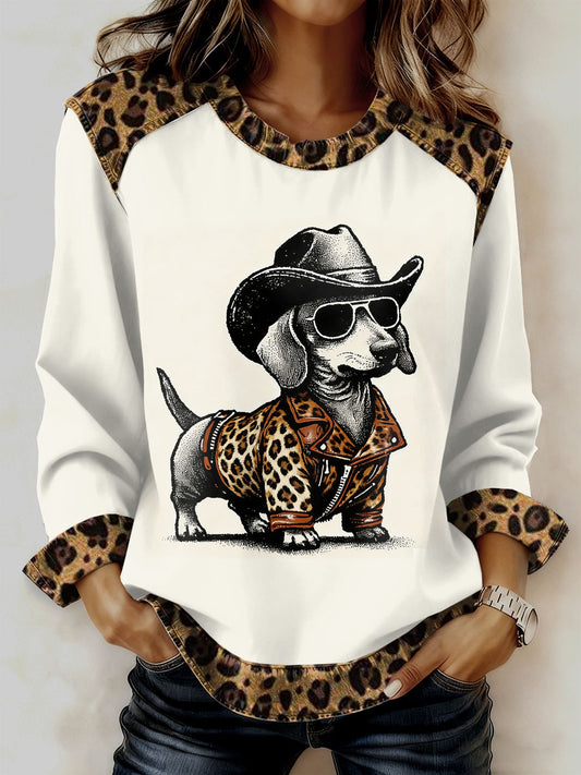 Kvinnors Vintage Leopard Dachhund Print Casual Sweatshirt