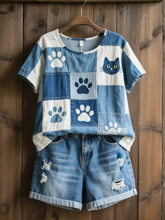 Damskjorta i linne med söt kattmönstrad patchworkkonst