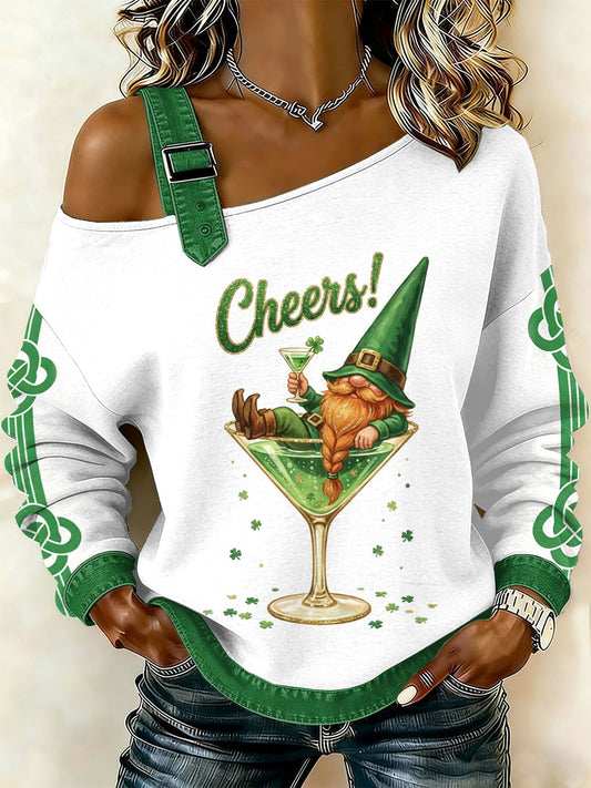 Kvinnors Vintage St. Patrick's Day Print Casual Off-Shoulder Sweatshirt