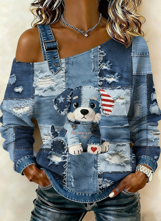 Kvinnors Vintage Denim Hund Patchwork Print Casual Off-Shoulder Sweatshirt