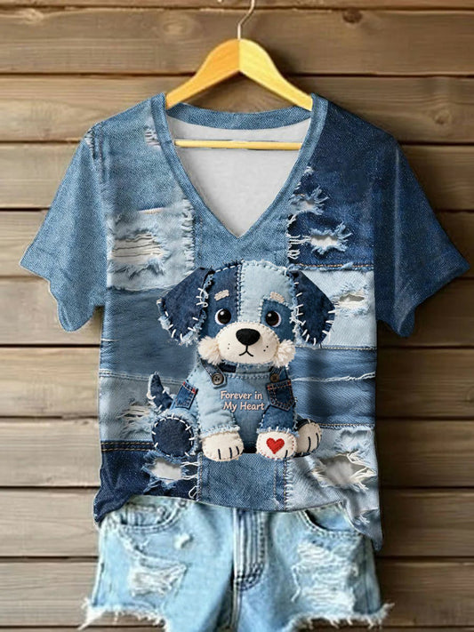 Kvinnors Vintage Denim Hund Patchwork Tryckt T-shirt