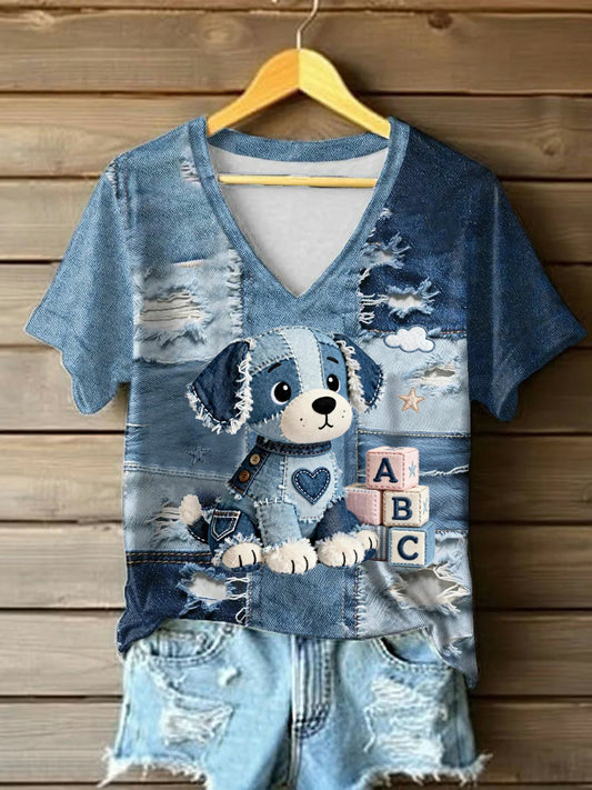 Damvintage t-shirt i denim med hundmönster och print