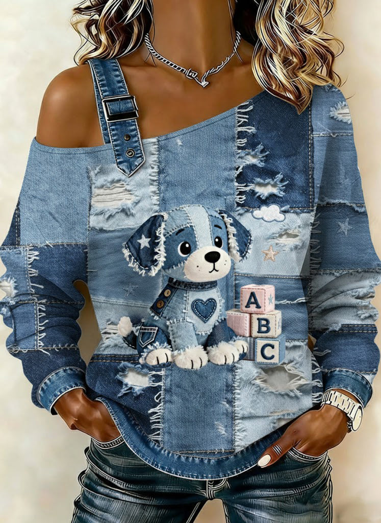 Women's vintage jeans dog patchwork print relaxed off-shoulder sweatshirt