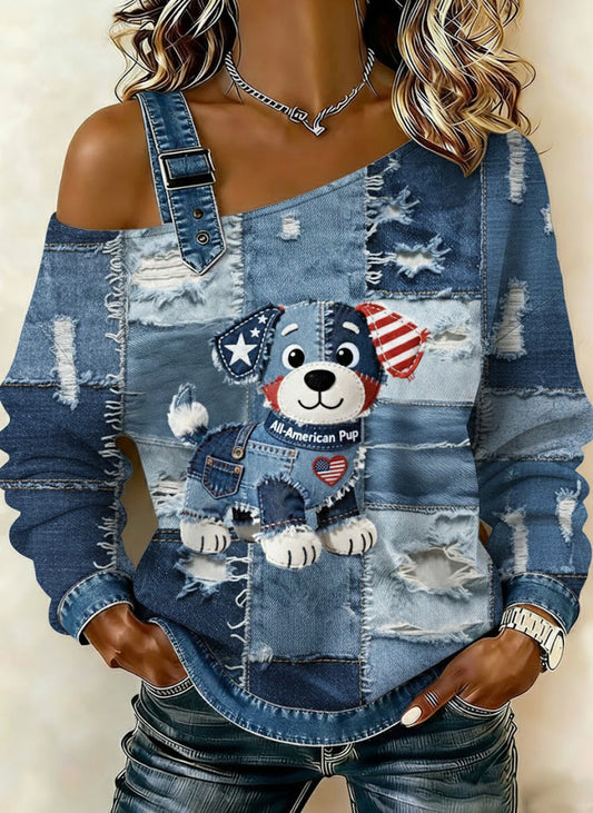 Kvinnors Vintage Denim Hund Patchwork Print Casual Off-Shoulder Sweatshirt