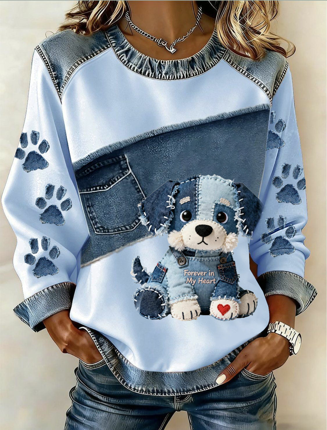 Women's denim dog printed patchwork top