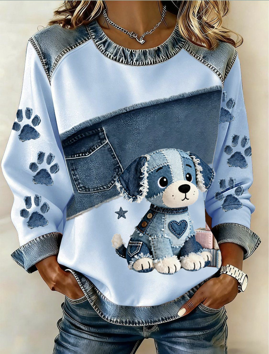 Women's denim dog printed patchwork top