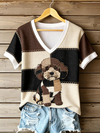 Dams vintage canvast-shirt med hundmönster, paddstickat och tryckt, V-ringning