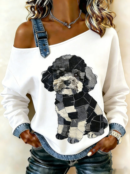 Kvinnors Vintage Canvas hund patchwork Print Casual Off-Shoulder Sweatshirt