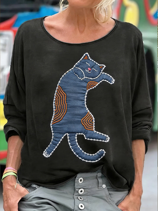 Kvinnors roliga söt katt patchwork konst tryckt tröjar