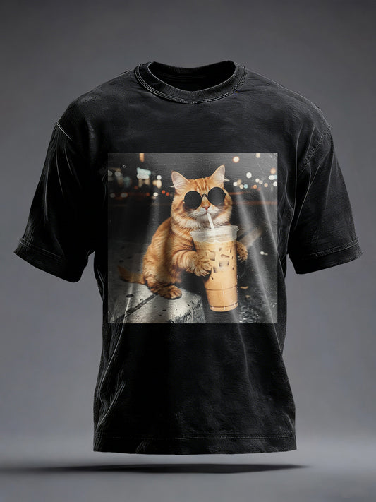 Mäns roliga katt dricka iskaffe Print Vintage T-shirt