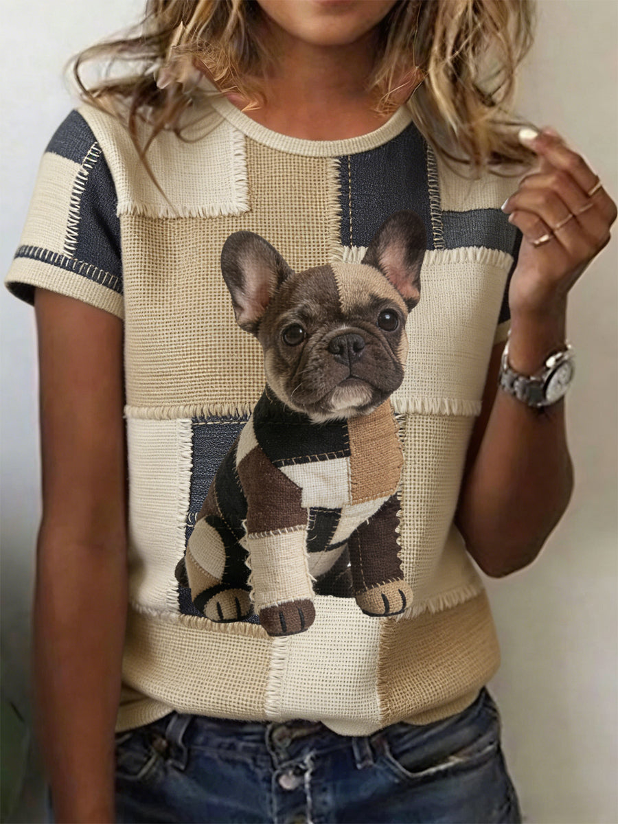Kvinnors Vintage Canvas Hund Patchwork Tryckt T-shirt
