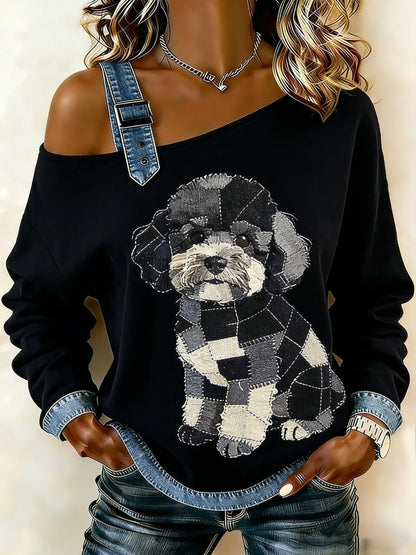 Kvinnors Vintage Canvas hund patchwork Print Casual Off-Shoulder Sweatshirt