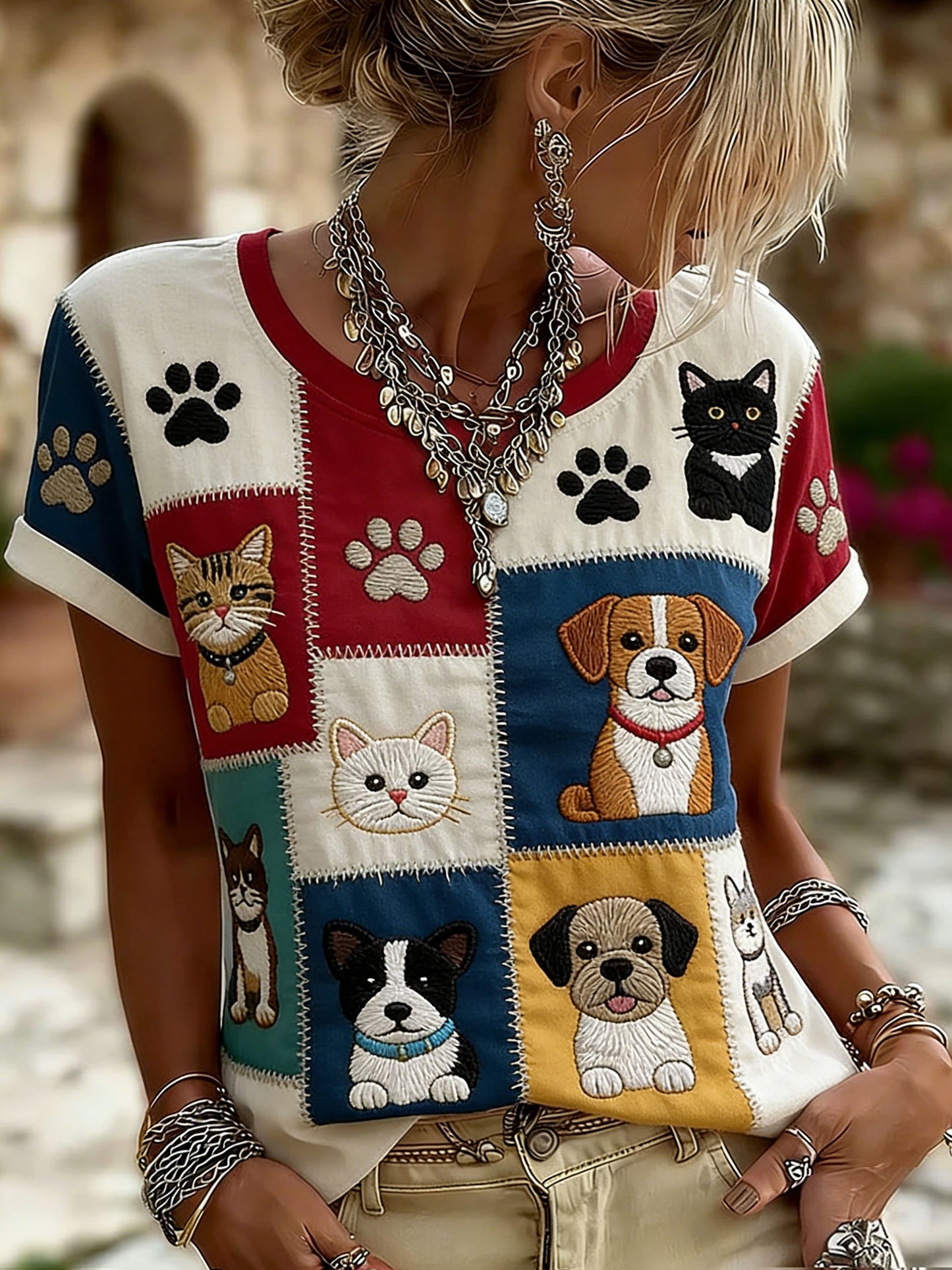 Kvinnors katt och hund Print Casual T-shirt